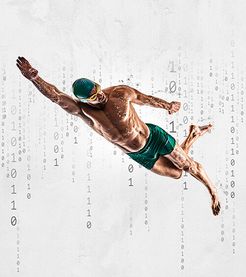 Nadador sobre fundo com código binário