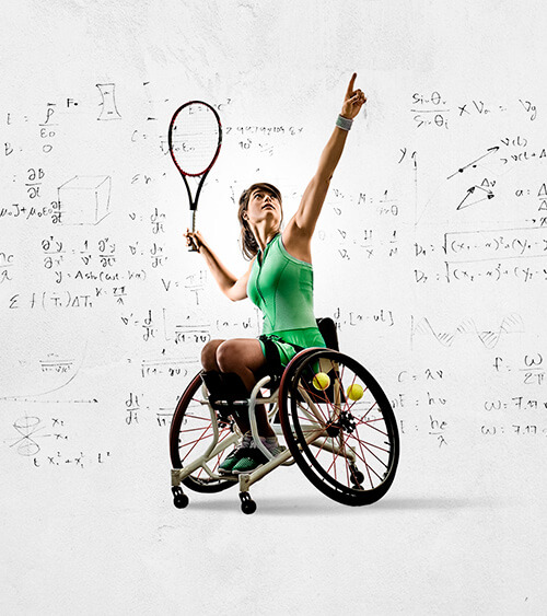 Atleta de ténis paralímpico sobre fundo com trignometria